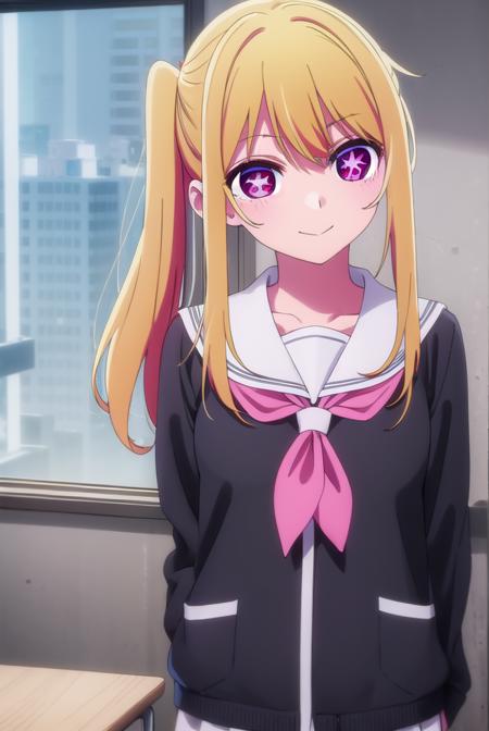 rubyhoshino, <lora:ruby hoshino s1-lora-nochekaiser:1>,
ruby hoshino, long hair, bangs, blonde hair, (pink eyes:1.3), sidelocks, side ponytail, (symbol-shaped pupils:1.5), smile,
BREAK long sleeves, school uniform, serafuku, sailor collar, neckerchief, cardigan, red neckerchief, white sailor collar,
BREAK indoors, classroom,
BREAK looking at viewer, (cowboy shot:1.5),
BREAK <lyco:GoodHands-beta2:1>, (masterpiece:1.2), best quality, high resolution, unity 8k wallpaper, (illustration:0.8), (beautiful detailed eyes:1.6), extremely detailed face, perfect lighting, extremely detailed CG, (perfect hands, perfect anatomy),