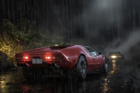 analog gloomy photo of a red Pantera car,  <lora:p4nt3r4:1>, driving through the jungle (at night), ((heavy rain)), panthers and leopards walking around, ((nighttime)), High Detail, Sharp focus, (photorealism), realistic, best quality, 8k, award winning, dramatic lighting, epic, cinematic, masterpiece, rim light, ambient fog:1.2, summertime, heat distortion, black birds,