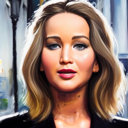 <lora:wcoby:1> wcobystyle, close up of jennifer lawrence standing ( in a city), ,highly detailed, intricate, painting, sharp focus, detailed face, detailed eyes