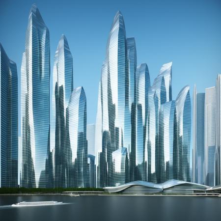 a group of tall buildings in a city with a river in front of them and a boat in the water, Cui Bai, futuristic, a digital rendering, hypermodernism by zaha-hadid style