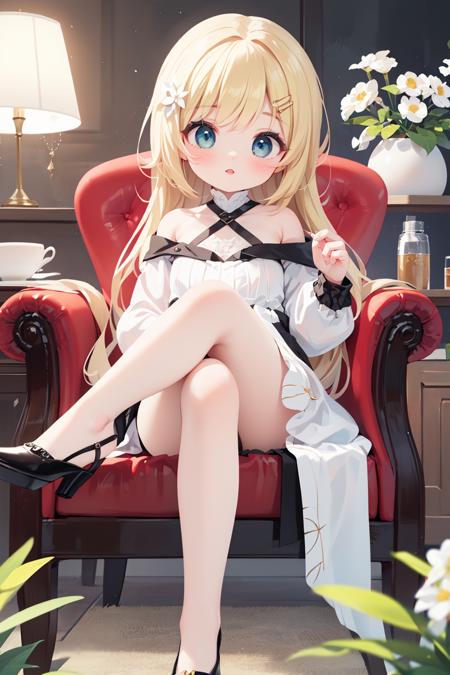 (best quality:1.4),(masterpiece:1.4),(8K:1.4),(extremely detailed:1.4),1girl,armchair,bare legs,bare shoulders,black footwear,blonde hair,blue eyes,breasts,cake,chair,crossed legs,cup,dress,flower,hair flower,hair ornament,heterochromia,high heels,lamp,long hair,long sleeves,looking at viewer,parted lips,plant,plate,potted plant,red eyes,sitting,solo,thighs,underwear,vase,very long hair,white dress,white flower,