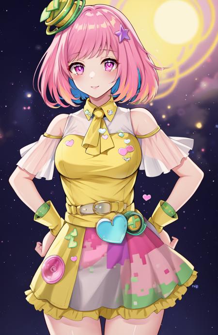 ((masterpiece)), (best quality:1.7), (detailed:1.4), (high res:1.4), 8k, (colorful:1.5), 2d, high resolution, sharped image, 4k, hd, poppi(kamen rider), 1girl, (((solo))), pink hair, pink eyes, dress, thighs, medium breasts, hair ornament, hands on own hips, bare thighs, bare arms, hat, heart, <lora:popii_kamenrider:0.7>, <lora:thickerLinesanimeStyle:0.5>