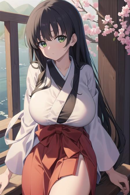 kasumiiwato, <lora:kasumiiwatotest:1>,
kasumi iwato, long hair, (black hair:1.5), (green eyes:1.3), (huge breast:1.2), (hair between eyes:1.5),
BREAK skirt, cleavage, japanese clothes, hakama, hakama skirt, miko,
BREAK looking at viewer,
BREAK outdoors, shrine,
BREAK <lora:GoodHands-vanilla:1>, (masterpiece:1.2), best quality, high resolution, unity 8k wallpaper, (illustration:0.8), (beautiful detailed eyes:1.6), extremely detailed face, perfect lighting, extremely detailed CG, (perfect hands, perfect anatomy),