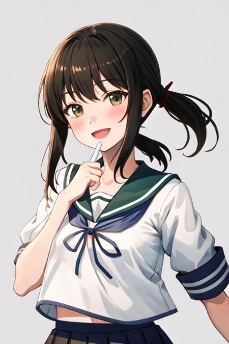 best quality, masterpiece, highres, solo, {fubuki_kantaicollection:1.15}, black_hair, ponytail, short_ponytail, serafuku, sidelocks, low_ponytail, smile, green_eyes, open_mouth, blush, 1girl, brown_eyes, school_uniform, :d, brown_hair, looking_at_viewer