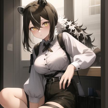 masterpiece,best quality,absurdres,highres,1girl,solo,upper body,cross_tie,animal_ears,raccoon_ears,freckles,white_shirt,black_shorts,polka_dot_shirt,long_hair,brown_hair,shoes,legwear_under_shorts,long_sleeves,looking_at_viewer,large_breasts,yellow_eyes,collared_shirt,ponytail,raccoon_girl,hair_between_eyes,black_footwear,shirt_tucked_in,multicolored_hair,white_hair,high-waist_shorts,ear_piercing,brown_pantyhose,streaked_hair,bangs,<lora:Robin(ark)>,