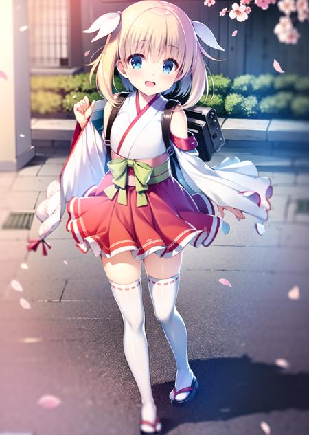 ((masterpiece)), ((best quality)), ((highres)), ((extremely detailed CG unity 8k wallpaper)), solo, <lora:haizakura:1>, haizakura, prima kimono, white stockings, sandals, backpack, smile, open mouth, cherry blossom petals, outdoors, sunny