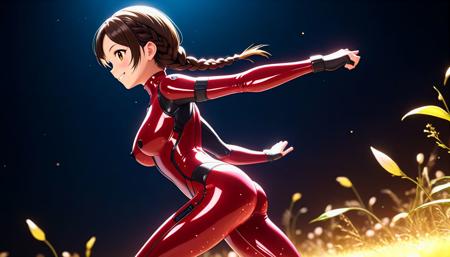 (masterpiece, best quality). brunette, twin braids, ,  plugsuit bodysuit. running, smile, from side, looking away, yuri cutie, by tony taka, ultrarealistic, medium breasts, sci-fi dystopian, . 1girl, solo, accurate shading, 40mm ultradetailed skin pores, shiny skin, hentai body, sidelighting, film grain, 1girl, solo, subsurface scattering translucency, cinematic filmic cg vfx bloom postproduction