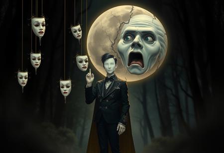 setting: dark, surreal atmosphere, blurred forest and cosmic chaos,dramatic contrasts, shadows,
masks: floating, white, multiple different expressions suspended by thin golden strings resembling liquid  
mask details: smooth texture, glowing softly, ethereal and haunting  
character: adult, faceless head, pale skin, flowing black hair swept elegant black suit with gold embroidery and a dramatic cape  
expression: no facial features, body language conveys calm authority and control, subtly interacting with masks  
pose: standing tall, one hand raised toward masks in a controlling gesture, other hand relaxed at the side, confident and composed  
lighting: soft glow on masks, golden highlights on outfit, dim ambient light creating a mysterious tone, surreal moonlight accenting the scene  
mood: eerie, surreal, enigmatic, theatrical, blending gothic and cosmic humor  
theme: identity, control, manipulation, blending fantasy, gothic, and absurd elements  
moon: large, anthropomorphic, cracked surface with exaggerated facial features, shocked wide-eyed look, mouth agape in comedic reaction  
moon details: visibly damaged, cartoonishly crumbling with flying debris, softly glowing  
moon position: central and dominant, interacting with chaotic energy and golden threads  
art style: hyper-detailed, realistic textures with painterly strokes, surreal contrasts  
visual focus: commanding faceless character, floating masks, anthropomorphic moon, intricate details tying elements together