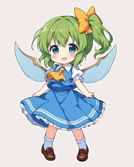 daiyousei,1girl, solo, chibi, ascot, white_background, hair_bow, side_ponytail, simple_background, full_body, traditional_media, shoes, fairy_wings, blush, hand_to_own_mouth, smile, open_mouth, skirt, looking_at_viewer, dress, puffy_short_sleeves, white_shirt, hair_ribbon, white_socks
<lora:daiyousei_image3166_2023-12-11-000010:1>,star-shaped_pupils,symbol-shaped_pupils,. gorgeous,key visual, vibrant, studio anime,award-winning, professional, highly detailed,high budget, cinemascope