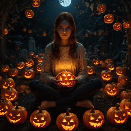 A woman sitting in the middle of a circle with Jack O'Lanterns surrounding her. The atmosphere is eerie and spooky with ghosts lingering in the periphery. And the whole scene is lit by the lights inside the Jack O'Lanterns.