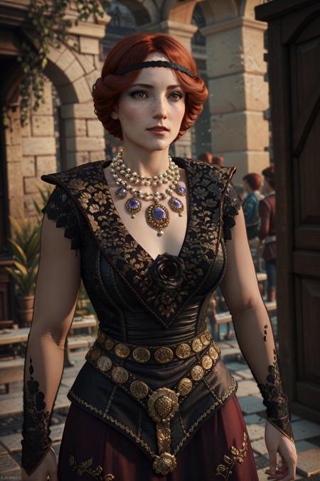 (masterpiece, best quality:1.2), <lora:orianna-18:0.7>, oriannaW3_soul3142, 1girl, solo, short hair, dress, brown eyes, jewelry, red hair, pearl necklace, black dress, realistic