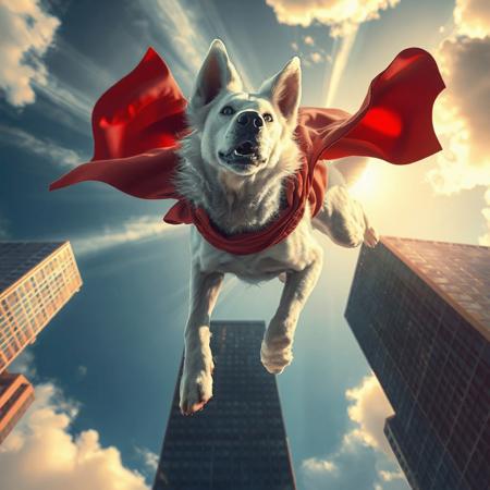(RAW_unprocessed) A hyper-realistic digital painting of Krypto the Superdog, depicted as a majestic white canine flying through the sky. Viewed from a dramatic worm’s-eye angle, his red cape flaps heroically in the wind. His muscular form and pristine white fur gleam in the sunlight as he soars with focused intensity. Towering skyscrapers loom in the background, emphasizing his altitude and scale. The sky is vibrant with streaks of clouds and golden sunlight breaking through, capturing the essence of a true airborne protector.