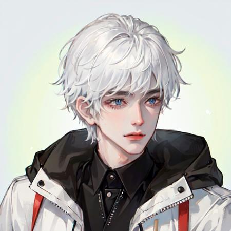 (best quality), solo,1boy,  <lora:111-000007:1>, face focus, male focus, narrowed eyes, white hair, front view, bangs