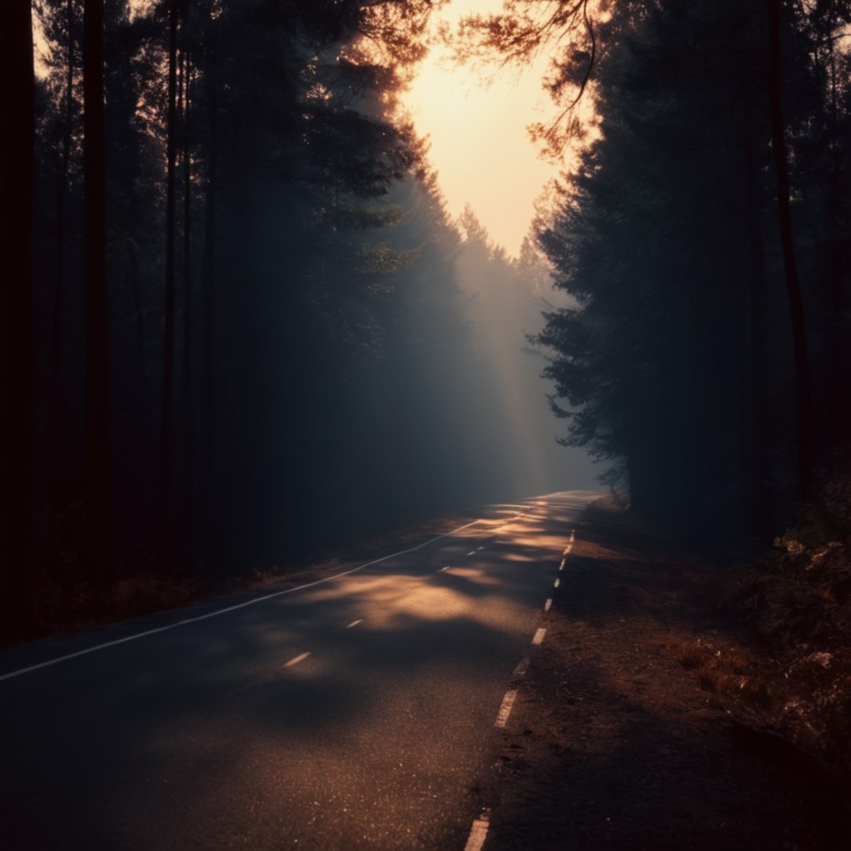cinematic film still of  <lora:backlight style:1>
A backlight photo of a road in the middle of a forest with a fire in the...