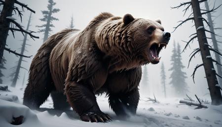 Monstrous blizzard with the fierce face of a bear, engulfed in whiteout conditions, swirling snow, and buffeting winds. Cinematic, mysterious, sinister, scary, wild, deadly, and beastly. A nightmarish masterpiece. 16k, unreal engine, sharp focus, FUJIFILM