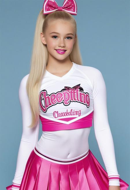 Anna, a cute, sweet face, young, 19 year old, anorexic, long Platinum blonde hair, woman, caucasian, adorable face, model thin, large breasts, plump lips with pink lipstick, looks like a human Barbie, cute, innocent looking, all hair in a high ponytail with a pink cheerleading bow in it, wearing a competitive college cheerleading uniform, pink and white tight crop top long sleeve cheerleading top with BIMBO printed on the chest, tight white and pink pleated skirt with silver trim, white sneakers, looking at camera, looking happy,