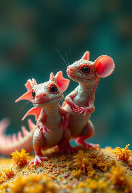 surreal VFX, nano-dragon and nano-rat best friends for life seen under an electron scanning microscope, with details, vivid colors