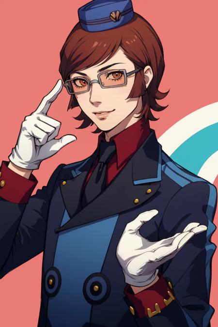 masterpiece, best quality, solo, smile, 1boy, looking at viewer,   <lora:Katsuya_Fp:1>, katsuyap2, glasses, <lora:Velvet-Room-M-Outfit_Fp:1>,  velvetmoutfit, white gloves, hat,