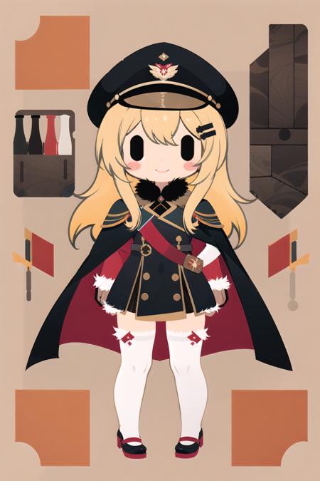 assembly, 1girl, blonde hair, hat, chibi, long hair, solo, cape, thighhighs, fur trim, peaked cap, smile, flat color, fur-trimmed cape, military, black thighhighs, black eyes <lora:arkblock:1>