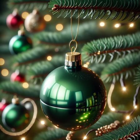 very realistic close-up photograph of a  green Christmas sphere with a Christmas bell on it hanging in a Christmas tree branch