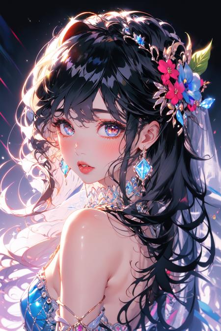 (masterpiece:1.2), best quality,PIXIV,Colorful portraits, 
1girl, solo, jewelry, earrings, black hair, looking at viewer, long hair, hair ornament, blush, bare shoulders, looking back, gem, parted lips, blurry, portrait, eyelashes, glint, dress, flower, leaf, bangs, beads, from behind, lips, veil, upper body
<lora:Colorful portraits_20230715165729-000018:1>