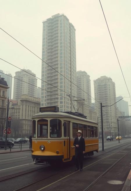 surreal cityscape, vintage tram, tall apartment buildings, muted colors, overcast sky, early 20th-century clothing, contemplative mood, isolation, urban setting, dreamlike atmosphere, minimalist architecture, lone pedestrian, nostalgic style