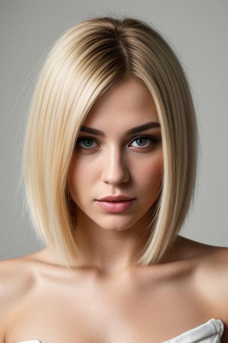 beautiful face,1girl mix White Middle Eastern , solo, dirty blond bob hair, bare shoulder, white background