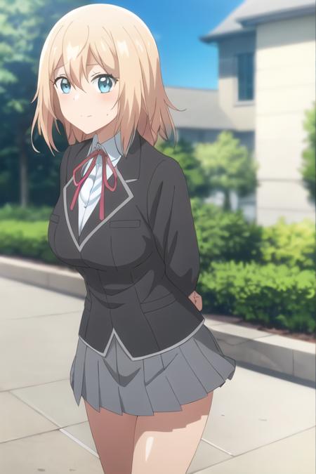 masterpiece, best quality,1girl,solo,anime screencap, Olivia,blonde hair,aqua eyes,medium hair,school uniform,black jacket,dress shirt,red neck ribbon,grey pleated skirt,miniskirt,white socks,<lora:Olivia:0.5>,
