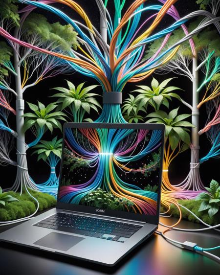 Surrealist art (Masterpiece Drawing:1.3) of (Technical illustration:1.3) <lora:DalE-3-FFusion-LoHA:1> a laptop with a colorful network of cables, with hundreds of network cables, technology and nature in harmony, connected with glowing tubes 8 k, technology and nature, bioluminescent cyber - garden, holding glowing laptop computer, ethernet cables, fiber-optics, fiber optic network, tendrils of colorful light, cosmic energy wires, optical fiber . Dreamlike, mysterious, provocative, symbolic, intricate, detailed