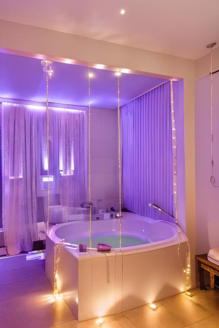 <lora:JJsLoveHotel:.7>,((Love Hotel)) ,  ,realistic, best quality, masterpiece , ((soft lighting)), heart, no humans, silk, bedroom, reflection,night, , light bulb, bed, pillow,bathtub,
RAW photo, (high detailed),  dslr,  high quality, (ultra realistic), Fujifilm XT3,clubhouse, purple,  ceiling light, <lora:add_detail:0.5>