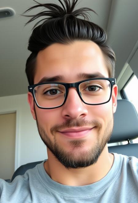 Selfie of a 32 year old male, attractive face, white, American, [Mexican], long dark hair up in a ponytail, [sad eyes], brown eyes, small nose, full lips, nice groomed beard, iphone camera picture, digital photograph, black rectangle glasses. confident face, [smille]