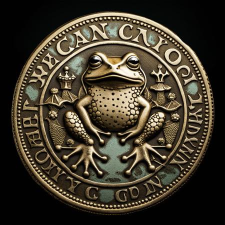 an (ancient) c01n with a frog over black background