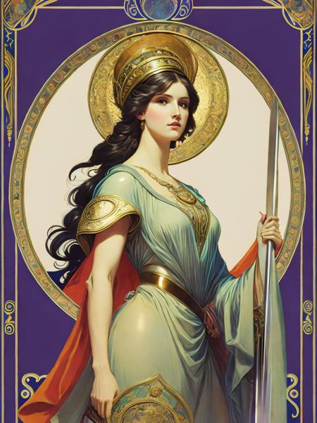 <lora:AlphonseMucha:1>a painting of a woman holding a sword in her right hand and a shield in her left hand by Alphonse Mucha