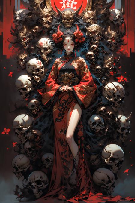 (masterpiece:1.2), best quality,pixiv,
1girl, flower, black hair, red eyes, hair ornament, hair flower, mask, looking at viewer, red flower, long sleeves, standing, red dress, holding, tattoo, wide sleeves, dress, own hands together, horns, skull, artist name, short hair, chinese clothes, robe
 <lora:thousand faces_20230729115837-000018:1> <lora:zhongfenghuaxiyou:0.5>