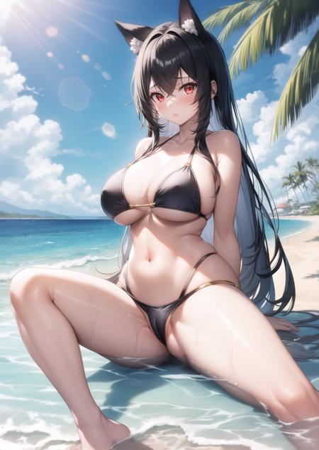 masterpiece, best quality, 1girl, large breasts, red eyes, long hair, wide hips, bikini, animal ears, beach, black hair, sunny sky, sunlight, water, palm tree, sitting, pussy,