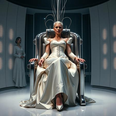 A slender, arrogant  rich norvegian bride, reclined in a polished steel restraint fetish chair, dressed in a luxurious, rich fantasy satin wedding gown with a fitted, boned corset accentuating her ultra-thin waist.and a full, flared skirt, paired with satin high heels, orgasm face. The massive electrodes holding her head pressed to the steel restraint chair headrest,  cabled to a  futuristic superconputer rack. Her hands and ankles are bound to the steel restraint chair   by massive steel restraints,   weird fog from the floor. Two  tall french maids at background. The scene is set in a sterile, empty chamber, with a glossy mother-of-pearl finish, evoking a sense of futuristic dread. Inspired by the cinematic styles of Ridley Scott, Guillermo del Toro, and H.R. Giger, with a blend of sci-fi and horror elements, this full-body portrait is a masterpiece of cinematic storytelling, shot on a virtual v-raptor XL camera, with a warm, film-grained aesthetic, subtle vignette, and rich color grading, reminiscent of 35mm film, with dramatic, atmospheric lighting, inviting the viewer to immerse themselves in this epic, stunning scene.