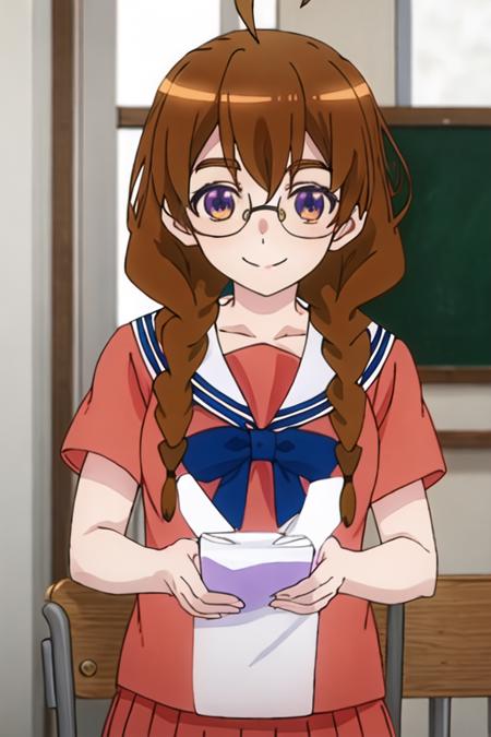 best quality, masterpiece, highres, solo, {sekine_4ninwasorezoreusootsuku:1.15}, brown_hair, glasses, braid, twin_braids, long_hair, ahoge, purple_eyes, serafuku, brown_eyes, 1girl, looking_at_viewer, school_uniform, smile, anime_coloring