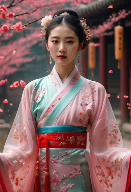 The texture of a Wong Kar Wai movie, a very beautiful young woman wearing traditional Chinese clothing, Hanfu, very beautiful, fairy-like, with flower petals floating around, the texture of a movie, ultra high quality, 4K, outstanding, detailed ,full-body shot