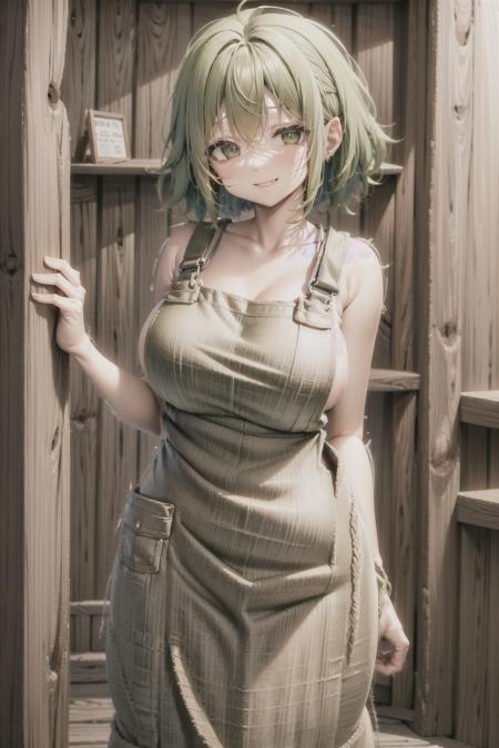 burlap overalls, smile, town, large breasts, wide hips, bob cut, (green hair), white pupils, <lora:Burlap V3:0.6>