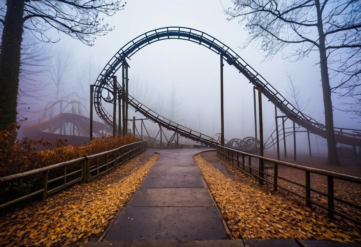 photo, abandoned theme park, theme park rides, CR33P1NGF0G, fog, very foggy, haze, low light, diffused light, low saturation, fog in foreground, dirty, creepy, spooky, natural looking photo, atmospheric, outside, autumn, roller coaster, decaying, vignette lighting, extremely detailed, high quality,