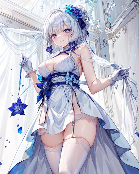 (white theme:1.3), illustrious (azur lane), (from below,looking down),1girl, solo,large breasts,(white gloves,white thighhighs,white dress:1.3), blue eyes,silver hair,standing,bed sheet, smile,half-closed eyes, closed mouth,(indoors,white royal room,night, mansion,blue curtain :1.3),white and blue flower, <lora:illustrious-tea:1>,<lora:add_detail:0.7>