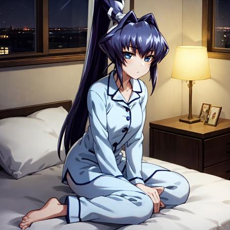 solo, Mitsurugi Meiya, blue hair, blue eyes, high ponytail, sitting on bed, night, window, lamp, pyjamas