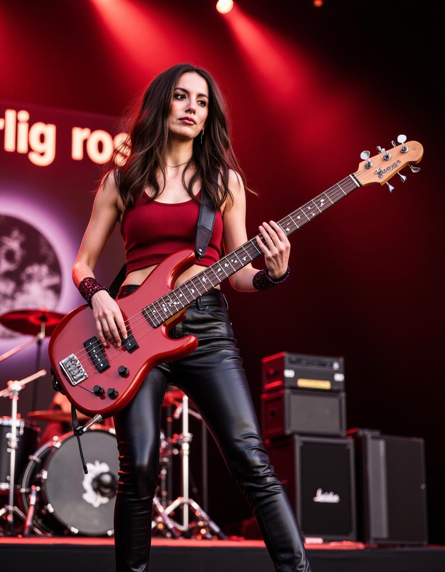 <lora:m1r4mur4t1_F1D_SGX:0.9>,(medium closeup) photograph of (beautiful 26 year old) (m1r4mur4t1:1.2) woman with dark hair,as female (bass player:1.3),playing in a death metal band,on stage at concert,playing a solo riff on a (blaze red bass guitar:1.4),(looking away),dramatic action pose,wearing black leather pants and (red tank top:1.4) with thigh-high boots,(neon sign overhead with text 'ärliga rosor':1.3), with speaker towers and concert gear in background, face focus,(bokeh),facing viewer,rich details,clear shadows and highlights,realistic,highly detailed,sfw,(no visible cleavage),