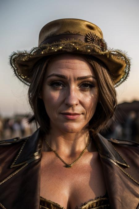 <lora:Suranne_Jones:1> masterpiece, best quality, detailed face, a mature s1873j, 1girl, solo, carnival costume ,  wasteland , dusk