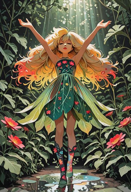masterpiece, newest,absurdres,incredibly absurdres, best quality, amazing quality, very aesthetic, 
1girl, (plant girl:1.3), puddle,  blonde, (big hair:1.3) plant hair, flowers,floral thighhighs, moving,confident, red lips, light rays, blurry foreground, leaves tutu,arms up, 
<lora:ka_marukogedago:1> k4_illu, abstract, traditional media, scan, blending, <lora:bWluaW1hX2Fp-illustriousXL_v01_V4-CAME:1> bWlua, colorful,