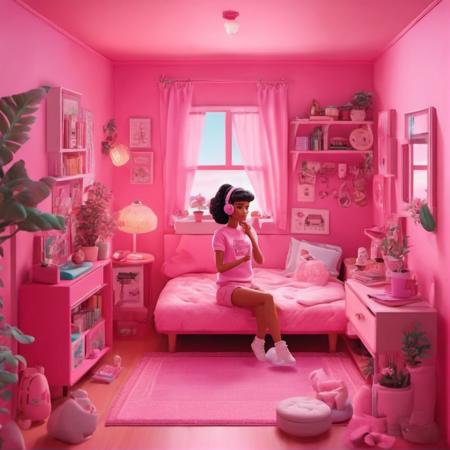 A photo of a barbie doll Lofi Girl in a pink barbie house <lora:SDXL-LofiGirl-Lora:1>, Very detailed, clean, high quality, sharp image