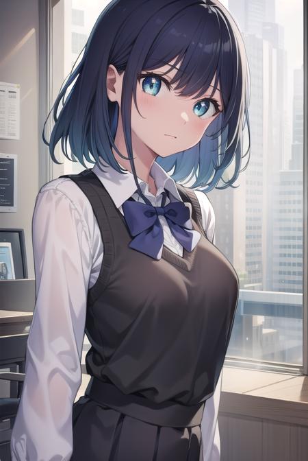 akanekurokawa, <lora:akanekurokawa-lora-nochekaiser:1>,
akane kurokawa, aqua eyes, blue hair, medium hair, sidelocks,
BREAK black sweater vest, blue bow, blue bowtie, bow, bowtie, collared shirt, long sleeves, puffy sleeves, school uniform, shirt, sweater vest, white shirt,
BREAK looking at viewer,
BREAK indoors, classroom,
BREAK <lyco:GoodHands-beta2:1>, (masterpiece:1.2), best quality, high resolution, unity 8k wallpaper, (illustration:0.8), (beautiful detailed eyes:1.6), extremely detailed face, perfect lighting, extremely detailed CG, (perfect hands, perfect anatomy),