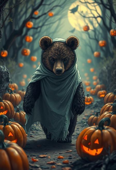 chaotic composition, a grizzly bears cub is dressed up as a ghost, he is wearing a ragged sheet while walking around, it is halloween and the path is surrounded by jack-o-lanterns, mysterious eerie pumpkin spacetime, disoriented background, a mixture of realism and illustration, high contrast, masterpiece, cinematic color graded, bright and dark