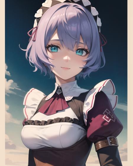 best quality, (masterpiece:1.2), illustration, absurdres,
(1girl, solo), (beautiful detailed girl), (upper body, portrait),,
<lora:SharonMaid-08:0.9>, Sharon Kreuger, lavender hair, short hair, aqua eyes, medium breasts,
maid headdress, burgundy maid outfit, long skirt, frills, brown boots,
prairie, sky,,
looking at viewer, gentle smile