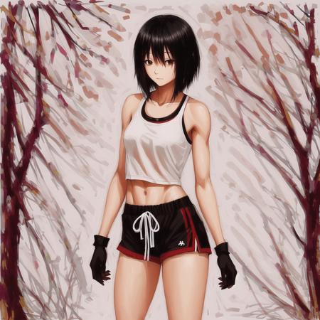 <lora:oilprin:1> , oilprin, abs, black hair, gloves, hand on hip, muscle, short hair, short shorts, shorts, sweat, tank top, toned, towel